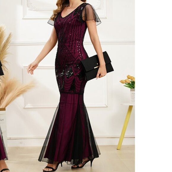 Dresses & Skirts - Formal gown evening party/wedding black & burgundy Dress V Neck Art Deco Sequins
